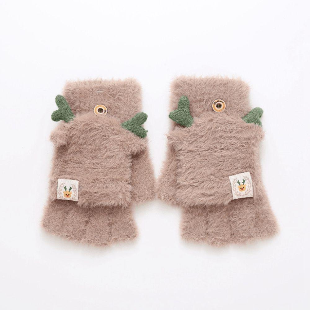 Autumn And Winter Antlers Flip Mittens Female Gloves Christmas Wool Mittens Half-finger Gloves