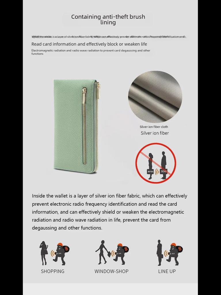 Women's Genuine Leather RFID Wallet with Multi-Card Slots & Zippered Coin Purse