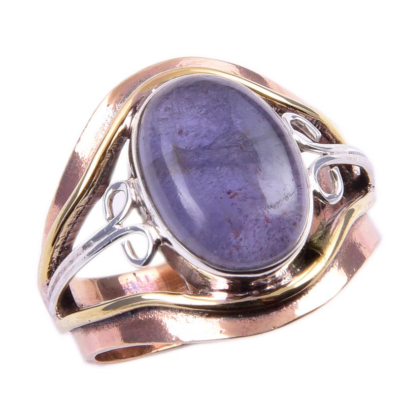 Кольцо из двухцветного серебра 925 пробы с натуральным драгоценным камнем иолитом, размер 8, v5c43