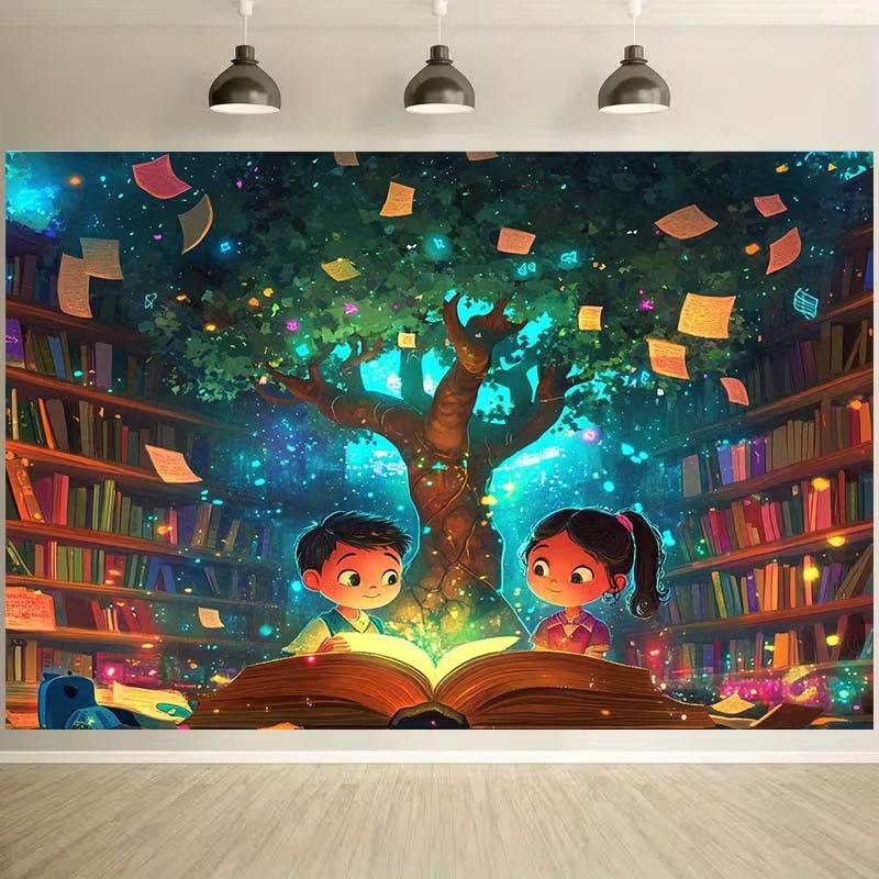 2D Магическое Дерево Чтения Фон, Фантастическая Книжная Тема Задний План