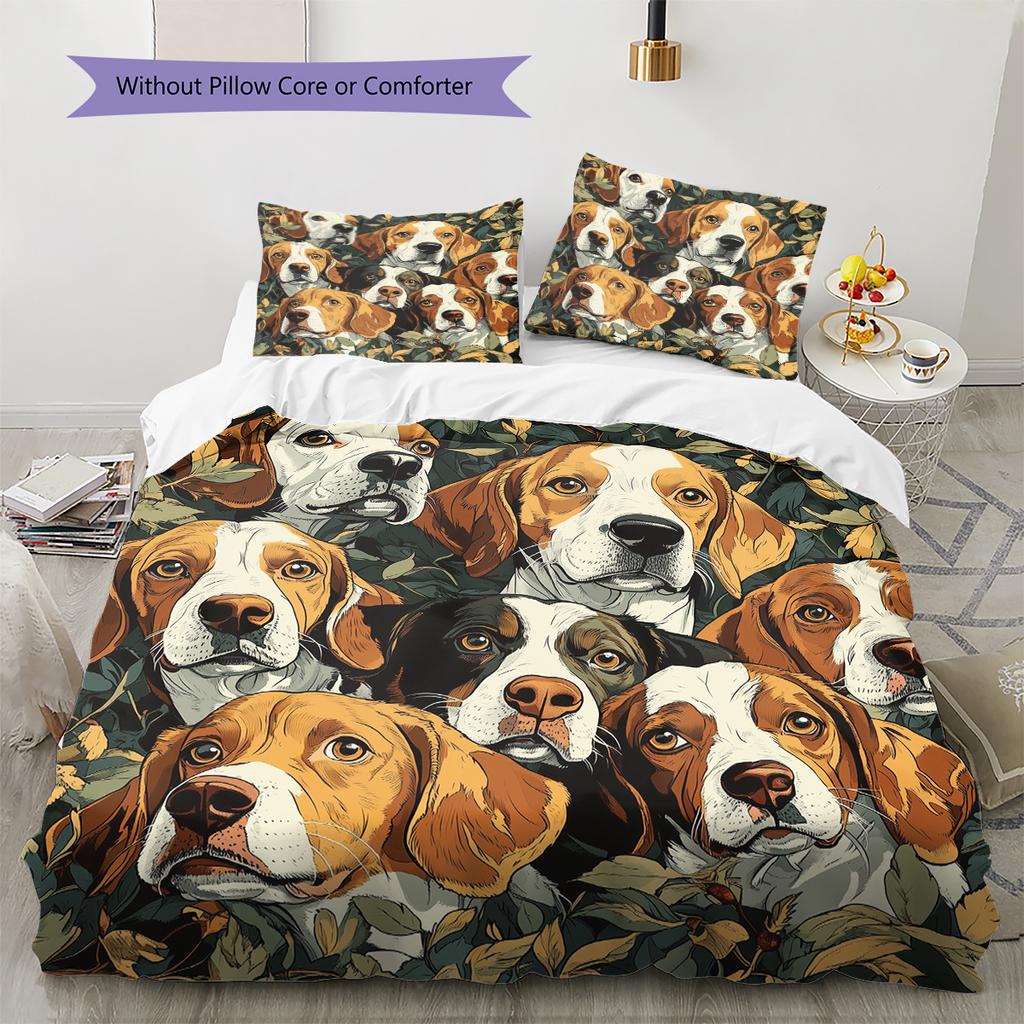 Beagle and Leaves Pattern Bedding Home Decoration Birthday Gift (1 * duvet cover + 2 * pillowcase, without core)