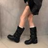 Fashion Comemore New Round Toe Belt Buckle Women Boots Fashionable Thick Sole Mid Calf Botas Autumn Black Patent Leather Women Shoes