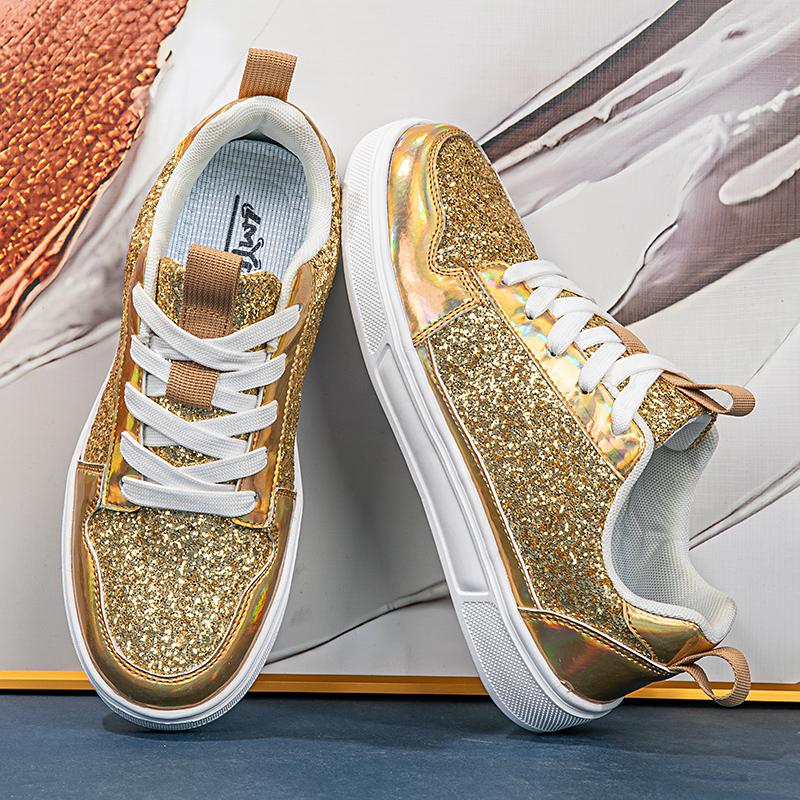Мода Модные золотые женские кроссовки Роскошные женские кроссовки с пайетками из вулканизированной кожи Удобные повседневные кроссовки Женские дизайнерские туфли tênis feminino