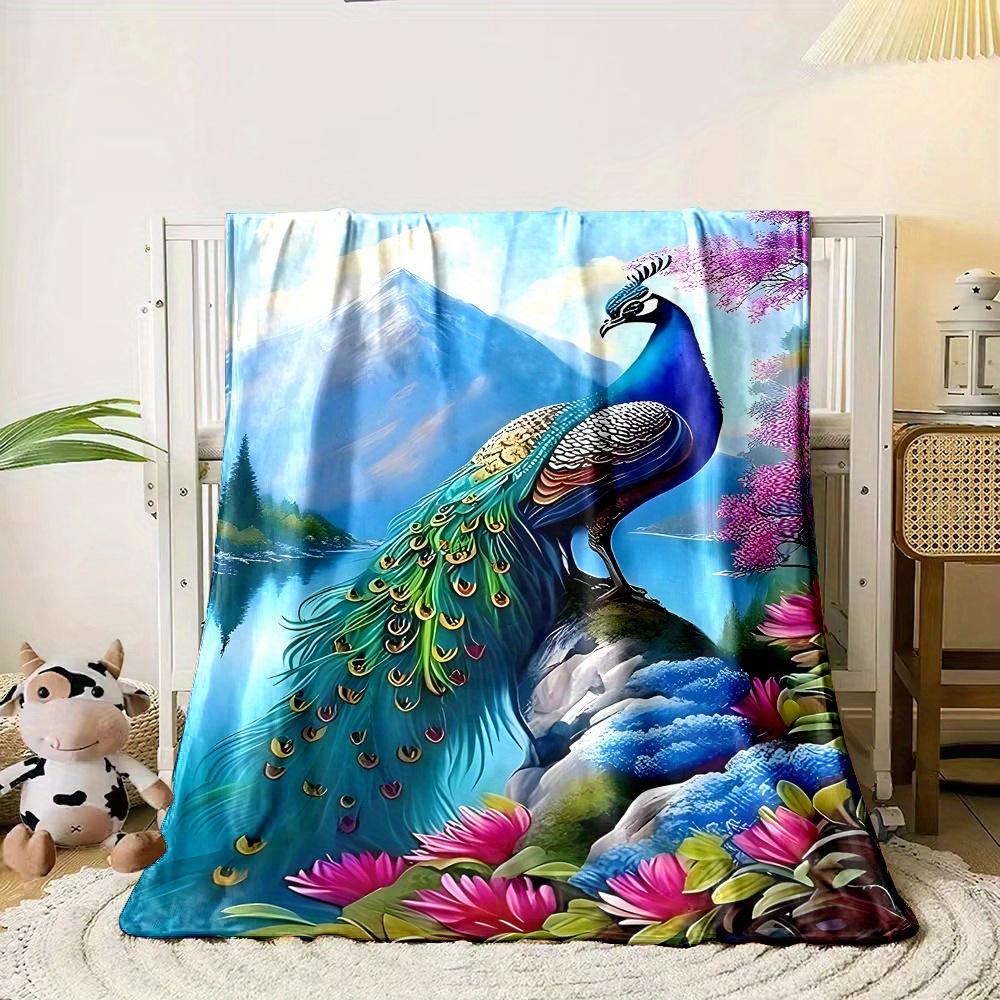 Luxury Peacock And Turquoise Blue Fleece Blanket - All-Season Soft Non-Pilling Bedspread, 100% Polyester, Turquoise Green Golden Pink Blue Black White