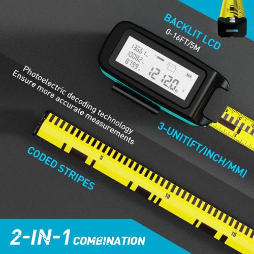 2-in-1 Digital Tape Measure, 16 Feet, with Display, Smart Tape Measure, Pythagoras Mode, Waterproof and Rechargeable, 1/2 Self-Centering, 20 Groups of
