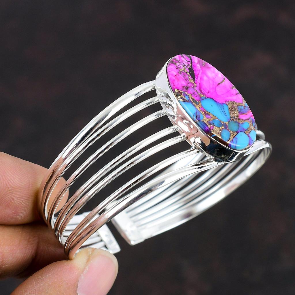 Natural Kingman Pink Dahlia Turquoise Bangle 925 Sterling Silver Adjustable Bangle Original Gemstone Jewelry Handmade Bracelet Gifts For Him