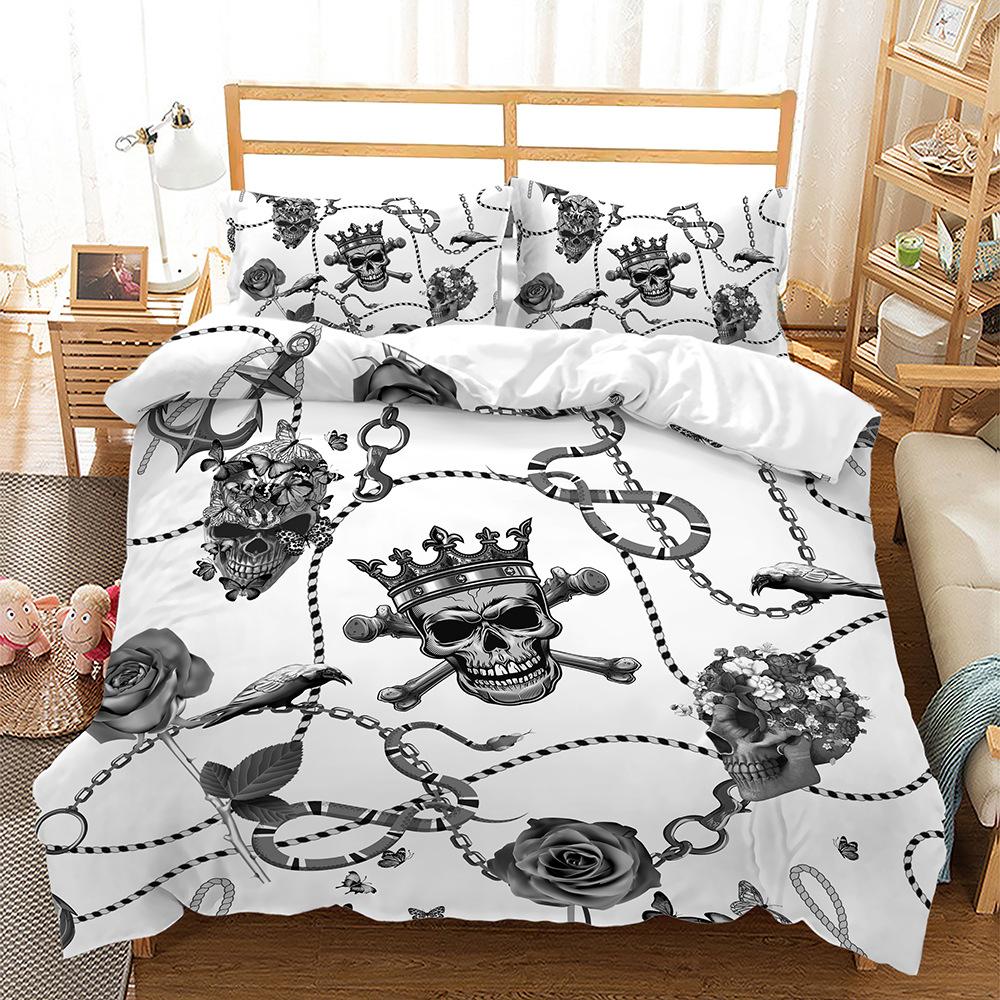 3D Skull Head Pattern Fashion Home Bedding Single Double Bed Full Size Pillowcase and Quilt Cover 2/3 Pieces of Microfiber Home Decoration