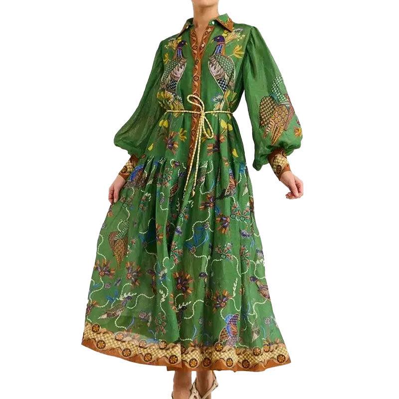 Женское ретро платье с рукавами-фонариками, шнуровкой и принтом, с длинным рукавом