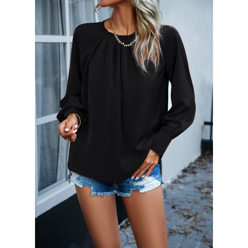 Женские весенне-летние элегантные однотонные блузки с кружевным воротником и длинными рукавами