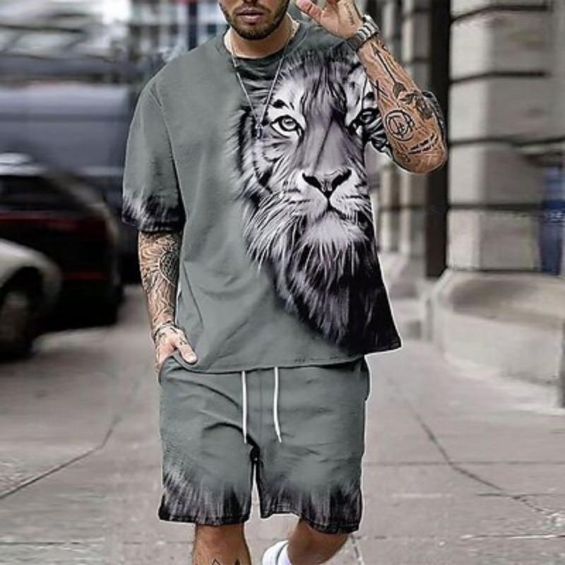 Мужские летние комплекты из 2 футболок Tiger, летние топы с коротким рукавом, короткие брюки, спортивная одежда для отдыха на природе, 3D-принт
