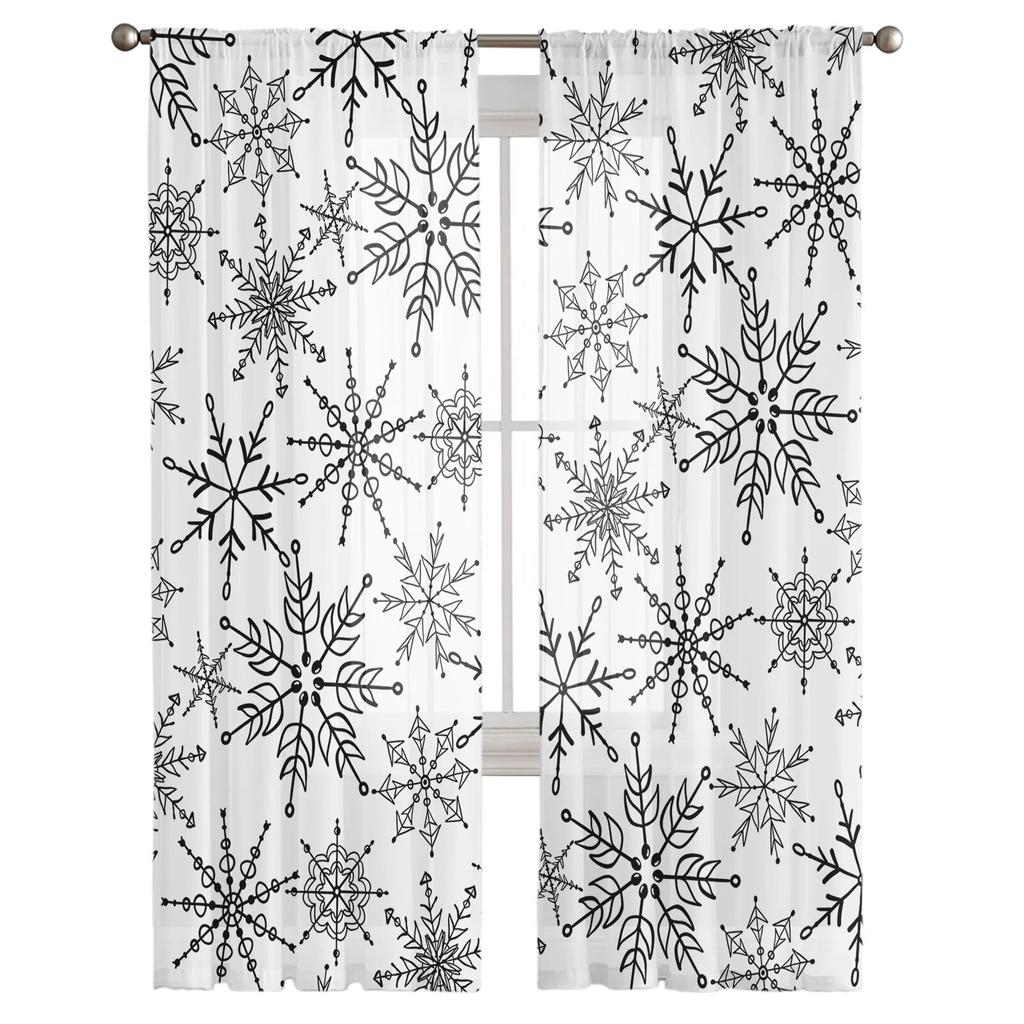 Hand Drawn Snowflake Tulle Curtains Living Room Kitchen Chiffon Curtain Bedroom Balcony Sheer Curtain Fashion Home Decor