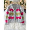 Autumn and Winter Women's Elegant V-neck Button Knit Sweater with Sweet Heart Pattern Contrasting Color Knit Cardigan Sweater for Women