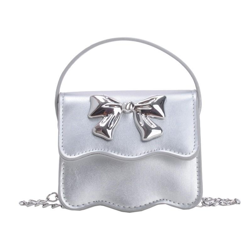 Color Solid Cute Silver Bow Decoration Kid Mini Shoulder Chain Bag For Daily