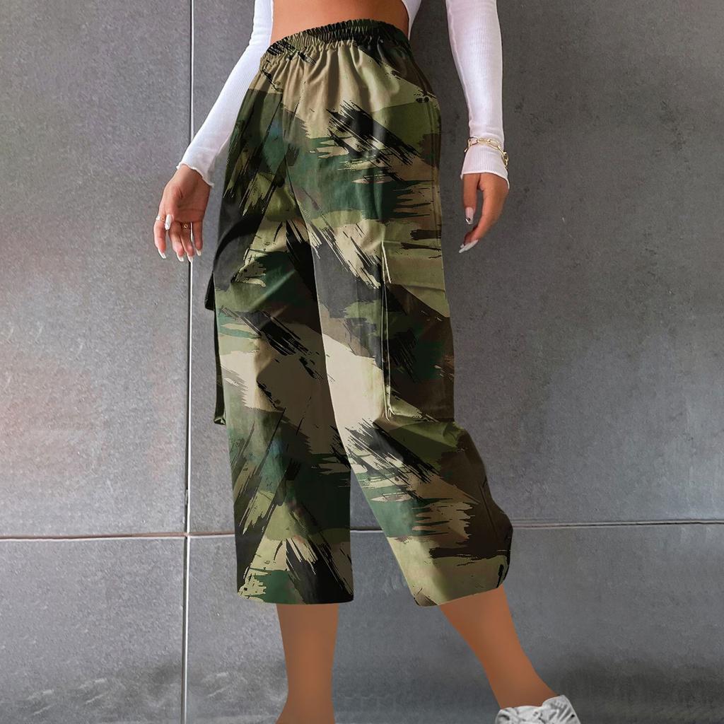 Женские повседневные рабочие брюки с эластичным поясом и укороченными брюками с камуфляжным принтом