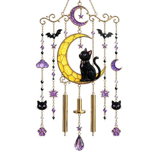Bat Moon Themed Decor Halloween Stained Glass Style Wind Chime, Acrylic Suncatcher Hanging Ornament with Ghost Black Cat Raven Witch Festive