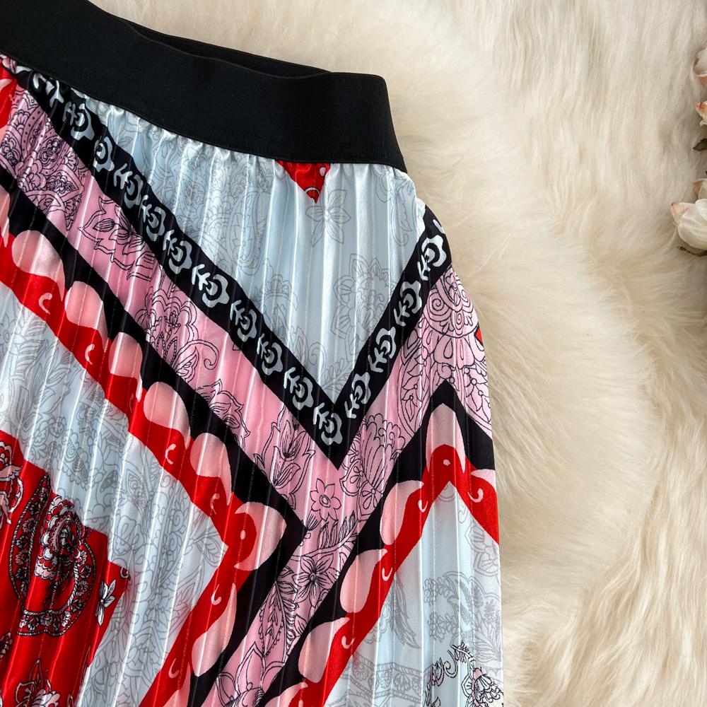 Летняя тонкая юбка средней длины выше колена с высокой талией и принтом, плиссированная юбка-трапеция с эластичной резинкой на талии, распашная юбка