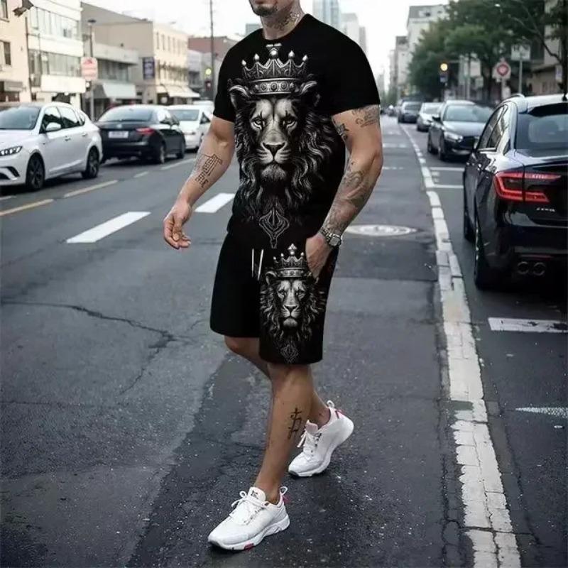 New Light Luxury Men's T-shirt Shorts Set Personalized Lion Tiger Pattern Colorful Mushroom Pattern Fashion Custom Men's Leisure