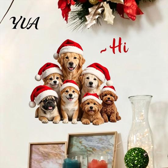 Puppy Themed Christmas Decor Santa Hat Dog Wall Sticker, Waterproof PVC Self Adhesive Mural Decal, Removable for Living Room Bedroom Holiday