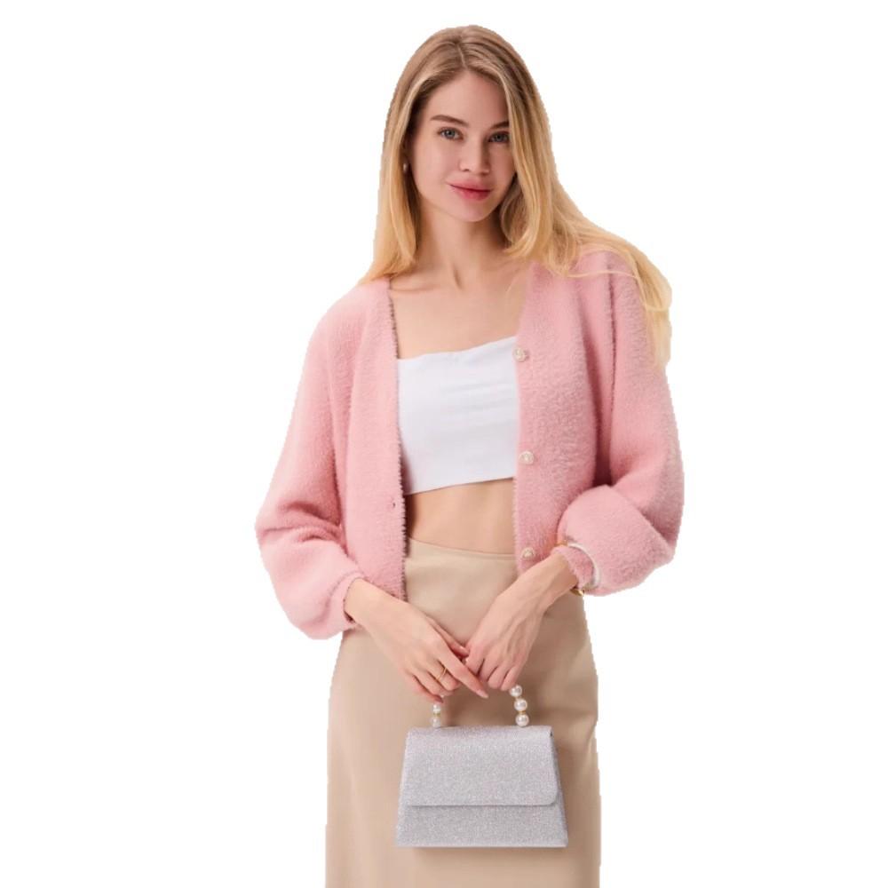Mink fleece knit cardigan for women, short petite autumn/winter new V-neck sweater with a fairy-like trendy style