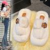 Fashion Plus Size Women's One Word Buckle Fashion Fluffy Slippers Wear Outside Versatile Cotton Mops