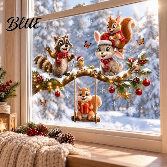 Kids Room Window Ornaments Christmas Animals Clings Raccoon Squirrel Rabbit and Bird on Branch Static Glass Stickers for Decals Bedroom Living