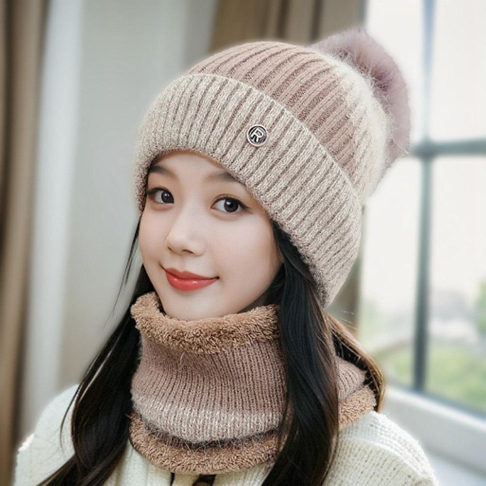 Contrast Color Winter Pullover Cap Plush Ball Beanie Hat Dome Hat Compact Scarf Gifts