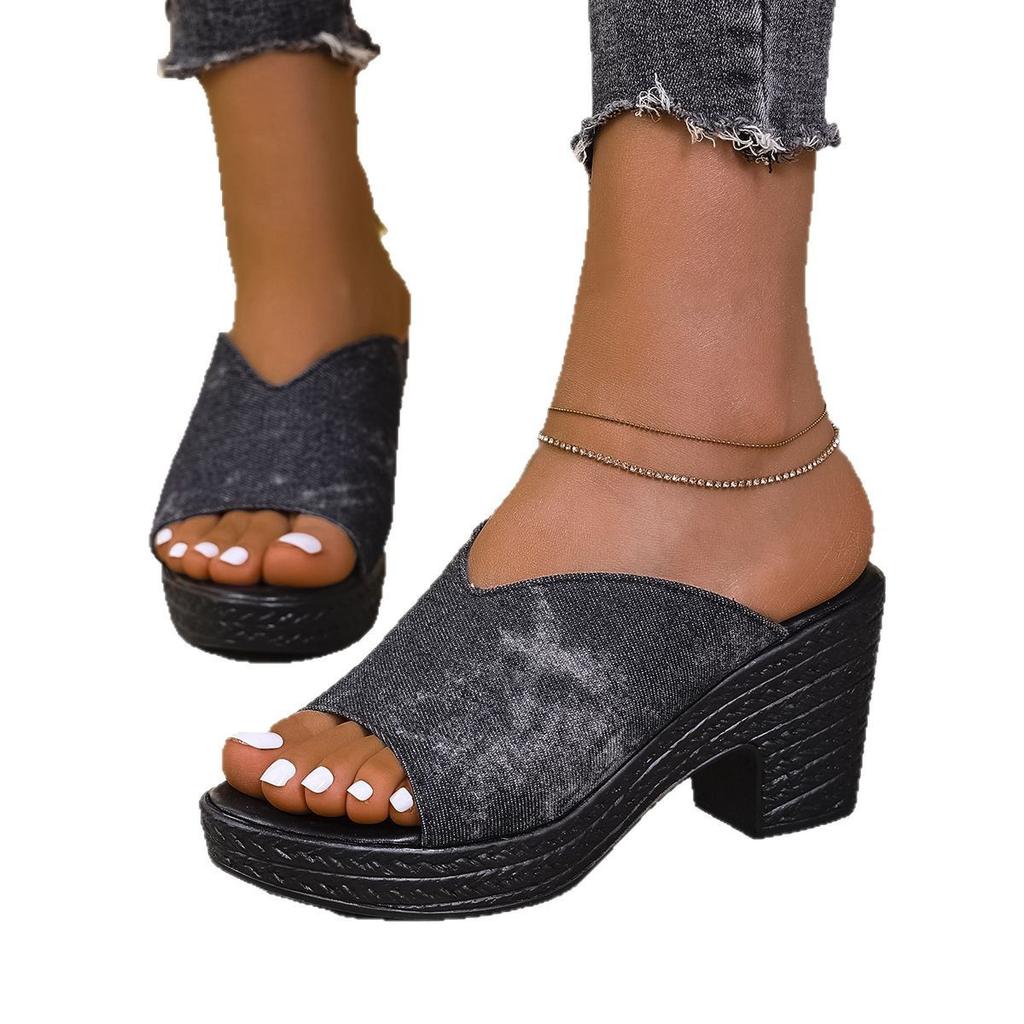 Внешняя торговля большой размер крутые тапочки женские 2025 лето новые европейская и американская мода танкетка классический джинсовый женские крутые тапочки