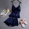 Women V-Neck Eyelash Silk Lace Sexy Stain Camisole Pajamas Bowknot Shorts Set