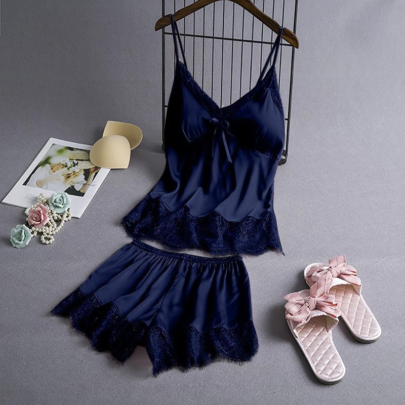 Women V-Neck Eyelash Silk Lace Sexy Stain Camisole Pajamas Bowknot Shorts Set