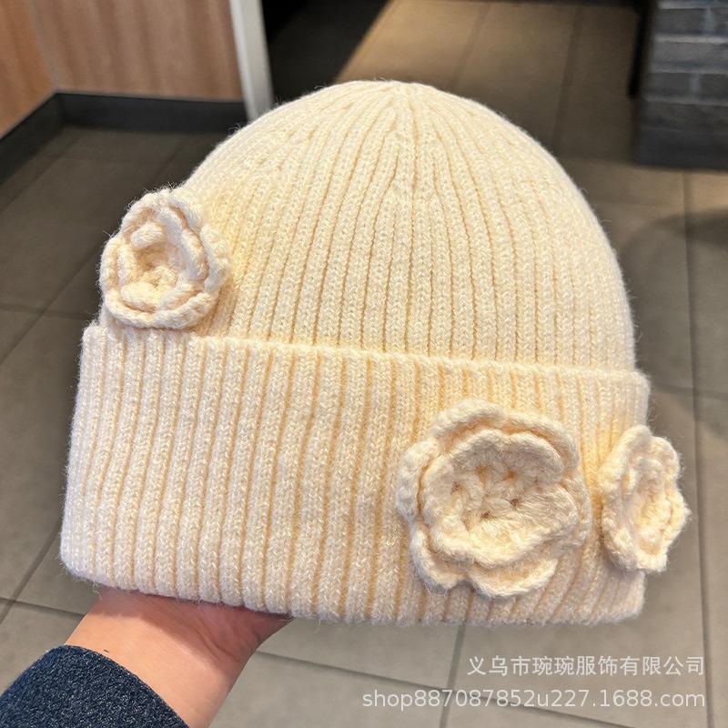 Korean niche designer girl style handmade crochet solid color wool hat women's autumn and winter cute knitted hat