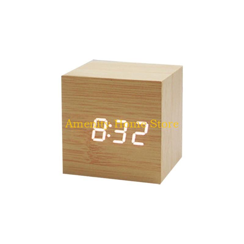 F26C Wood Cube Voice Control  Led Alarm Clock Decorative Clock Ornaments Art Crafts Supplies for Home Bedroom Dormitory
