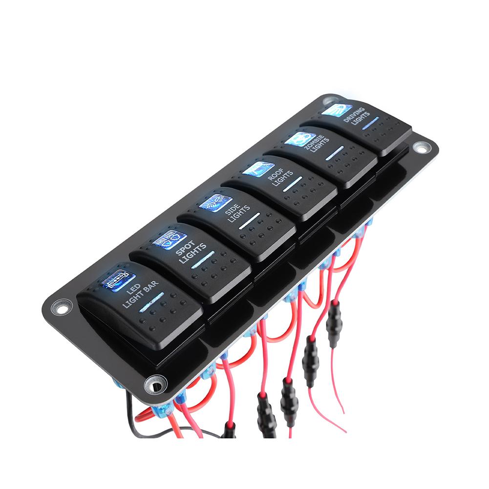 LED Backlit 6 Gang Rocker Switch Panel Compatible with 12V 24V Automotive Marine RV Truck and Off-Road Electrical Setups