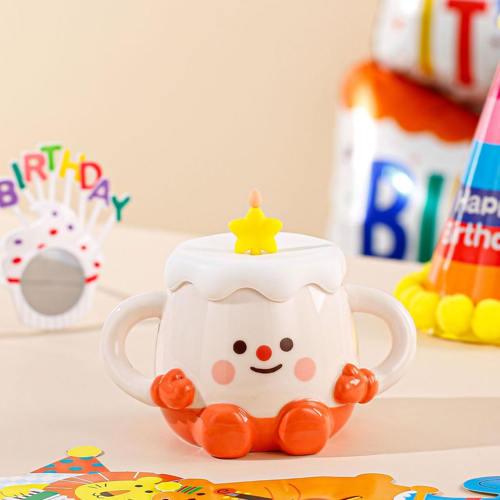 Cute Cake Cup with Lid Cartoon Smiling Face Mug Large Capacity High Temperature Resistant Household Set Water Cup Small Gift