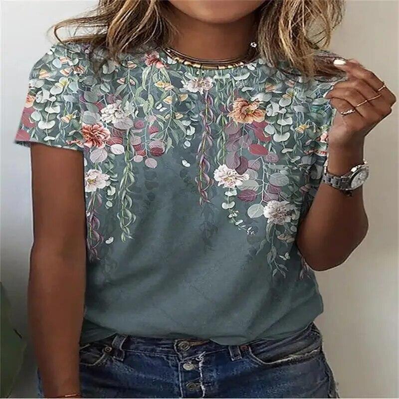 Лето 2024, новый женский топ с короткими рукавами, модный пуловер Y2K, повседневная красочная футболка с цветочным 3D круглым вырезом и круглым вырезом, 2024 г.