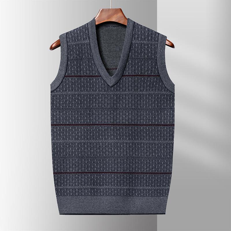 Men's Autumn Knitted Vest Middle-aged and Elderly Dad Loose Bottoming Shirt Grandpa with Sleeveless V-neck Sweater Man
