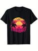 Mens Repetitive Vintage Tropical Sunset Tshirt Soft Pink and Orange Gradient Beach Shirt with Palm Tree and Sunset Patterns