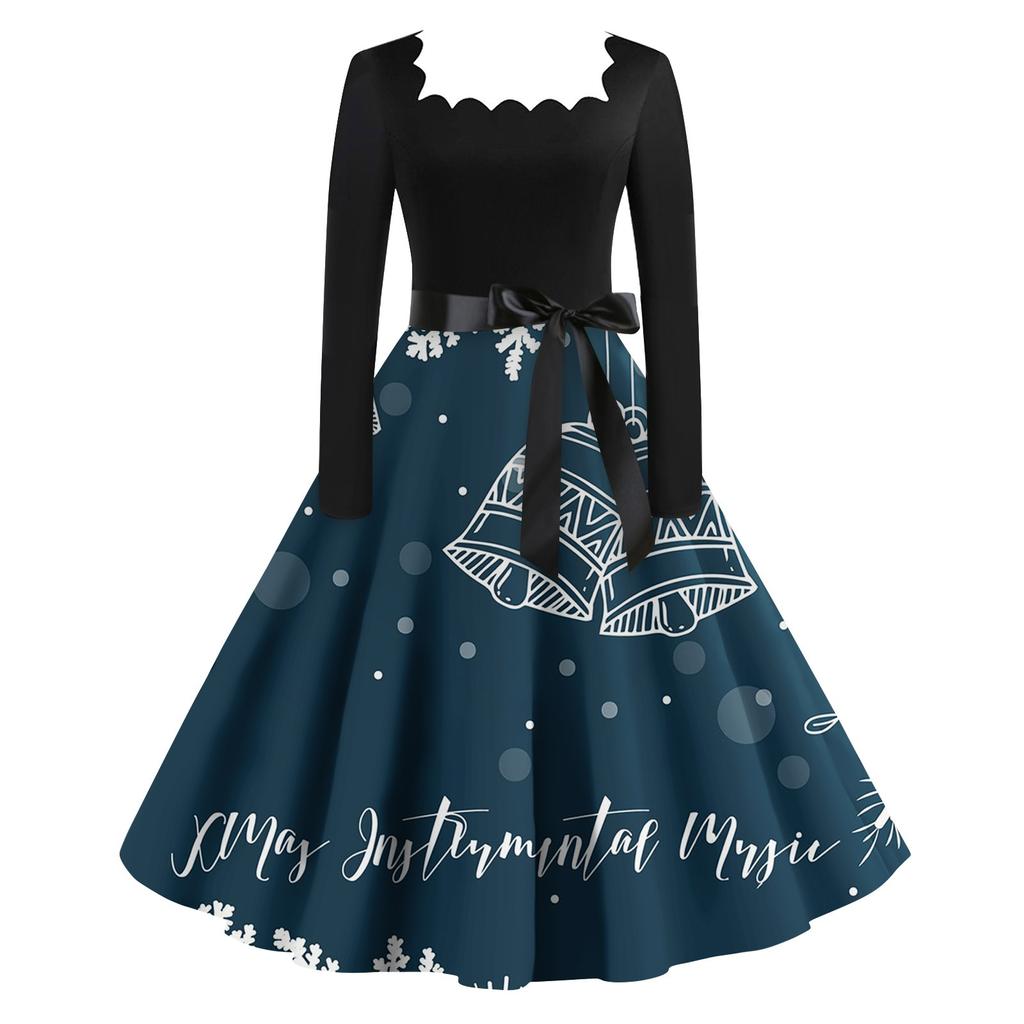 Women's Fashion Vintage Long Sleeve Square Neck Christmas Printed Evening Party Dresses Dresses