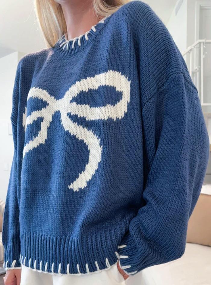 Women's bow-tied jacquard sweater autumn and winter lazy wind loose warm and comfortable jumper knitted sweater
