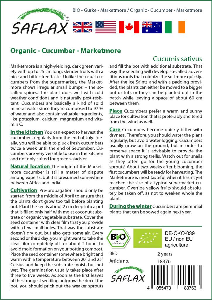SAFLAX Garden in the Bag - Органический - Огурец - Marketmore - 20 семян - С субстратом в подходящем стоячем пакете - Cucumis sativus