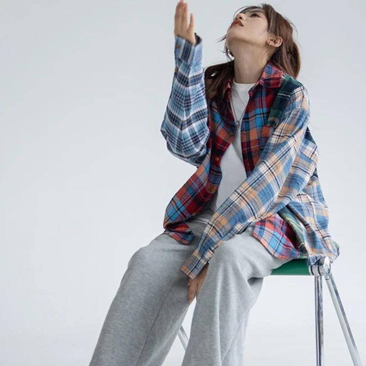 Свободные клетчатые рубашки, женский топ контрастного цвета, мешковатая рубашка в американском стиле ретро, ​​уличная одежда с длинными рукавами, универсальная женская одежда