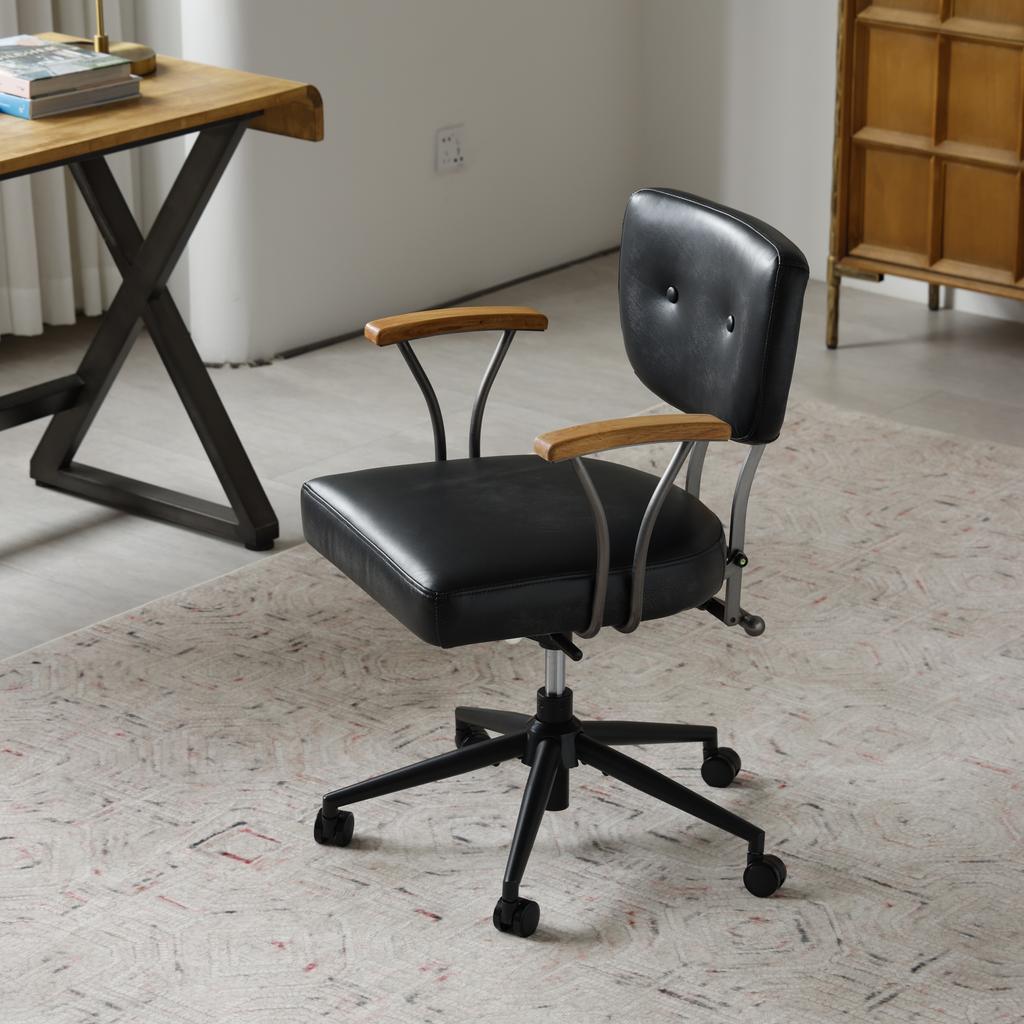 Home Office Desk Chair, Leather Ergonomic Computer Chair with Wheels and Oak Armrests, Height-Adjustable Swivel Chair for Executives