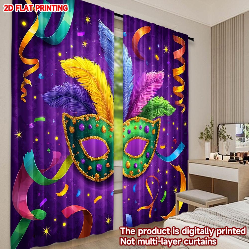 2D flat printing 2pcs Curtain Scene Curtains Mardi Gras Mask and Feathers(1) Digital Printed Polyester Drapes Birthday Party Use