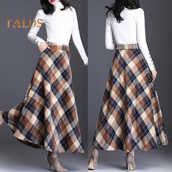 Женская шерстяная юбка с высокой талией и клетчатым принтом, юбка-трапеция, осень-зима, утолщенная юбка с большим подолом, повседневная одежда