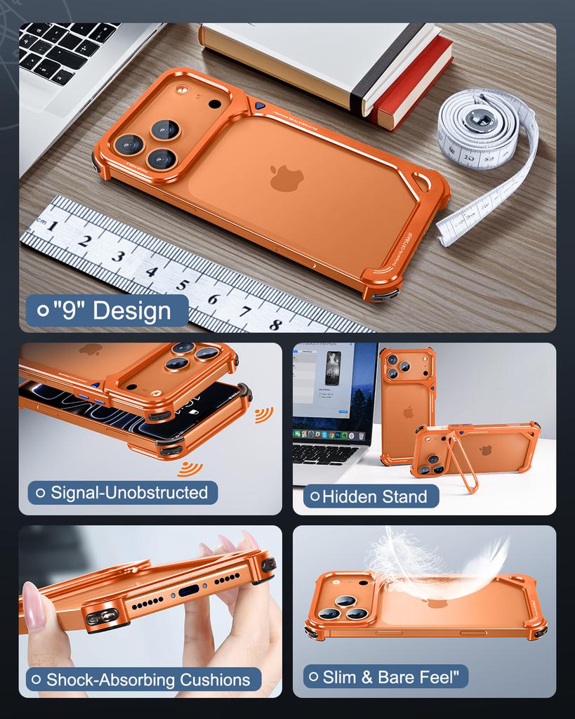 Oatsbasf 9-Shaped Metal Frameless Phone Case for iPhone 17 Pro Max/Pro/Air with Stand Magsafe Minimalist Bumper Shockproof Cover