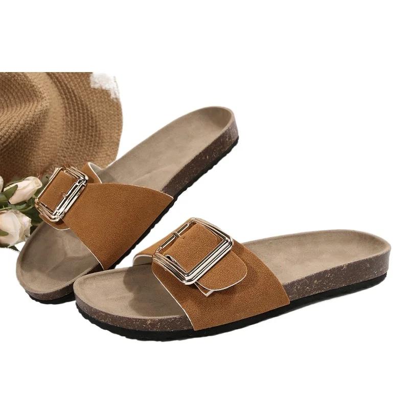 2026 Женская обувь Открытый носок Женские шлепанцы Новая пряжка-застежка Повседневные шлепанцы Женские летние Однотонные Большого размера Шлепанцы на плоской подошве