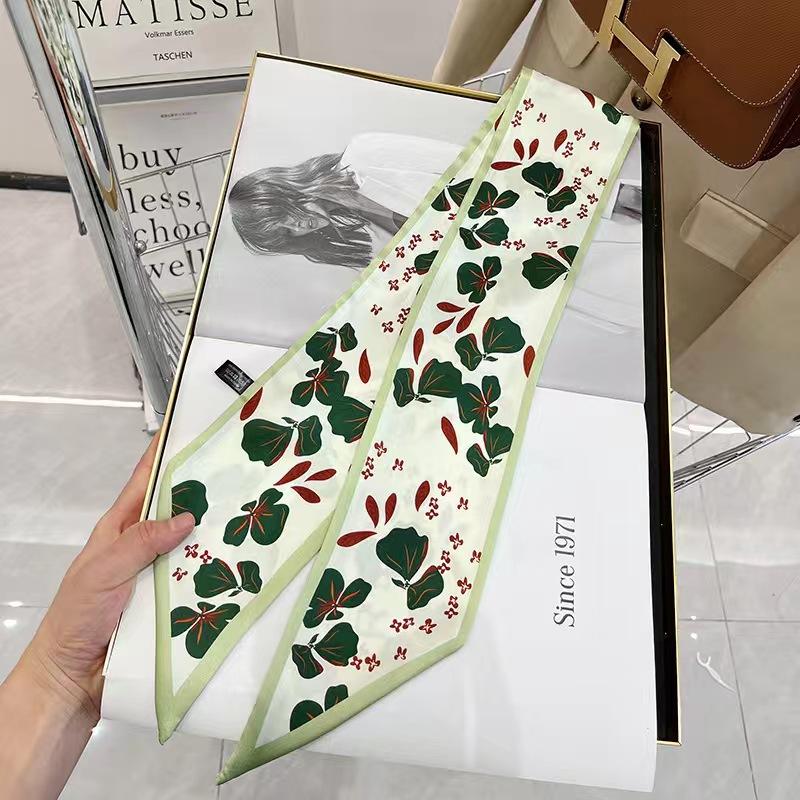 Маленький белый и нежно-зеленый шелковый шарф для женщин, тонкая лента, повязка на голову, резинка для волос, украшение для сумки, длинный