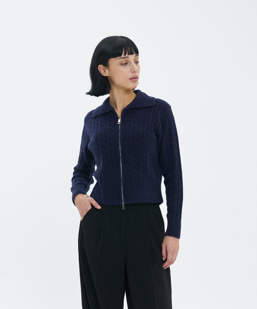 BLOND9 Fluffy Cable Knit Zip-Up_Navy