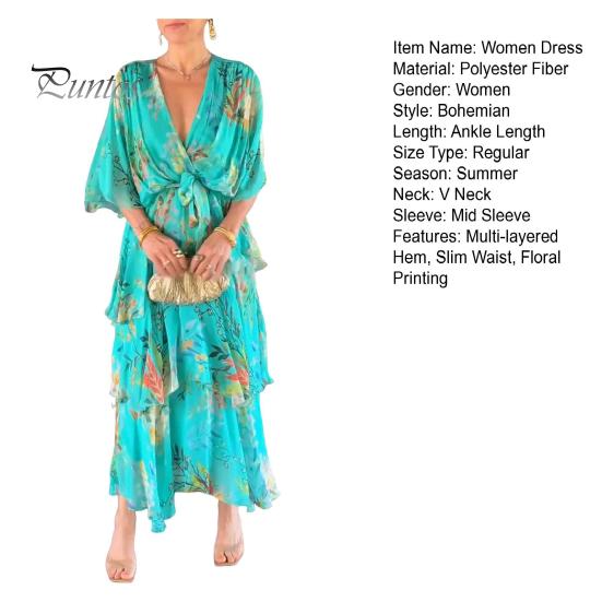 Women Dress Multi-layered Hem Lace-up Slim Waist Colorful Printing Maxi Dress Mid Sleeve V Neck Vacation Party Dress