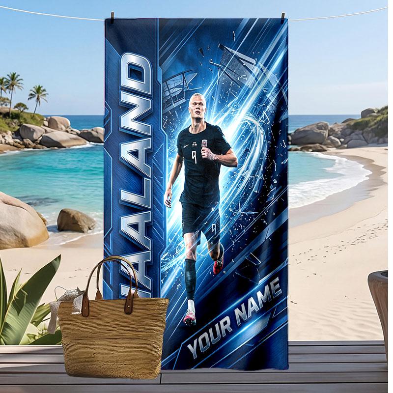 Erling Haaland Personalized Printed Beach Towel Soccer Logo Support Custom Name Text Absorbent Towel For Sport Travel Special Gift
