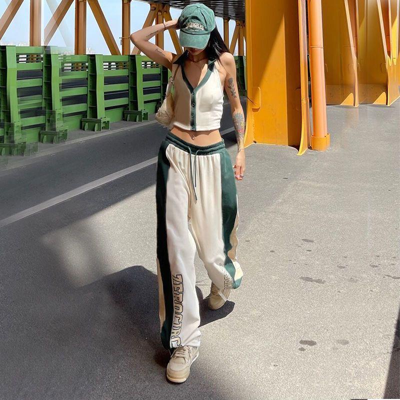 Женские джоггеры American Vintage с контрастными вставками в стиле хип-хоп - свободные широкие танцевальные брюки Jazz с высокой талией и ретро-дизайном